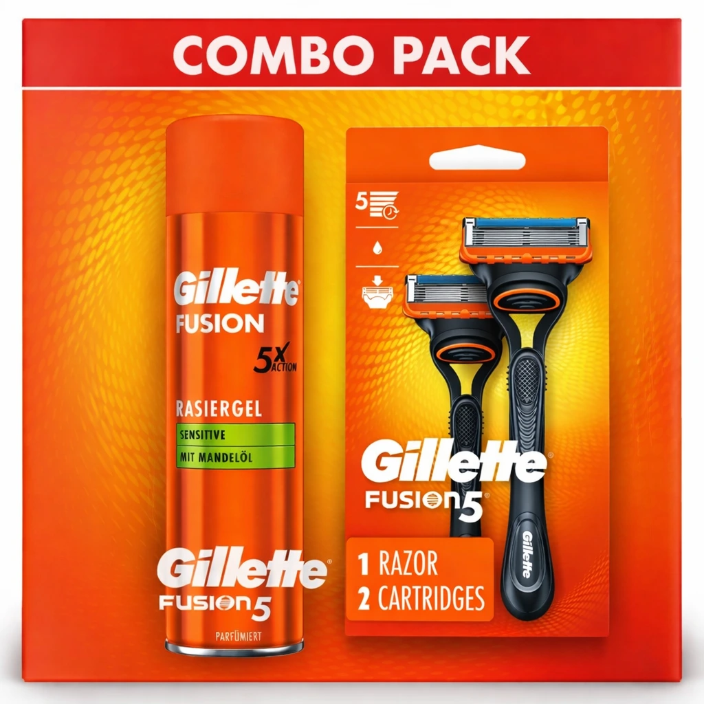 Gillette Fusion 5X Action Shaving Gel 200ml and Razor Handle With 2 Razor
