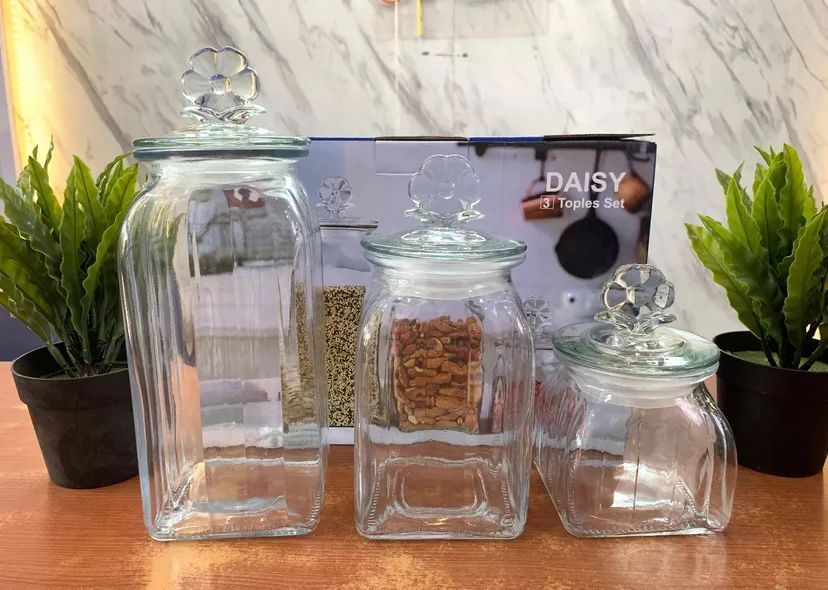 3 pcs set square plum blossom glass storage jar set