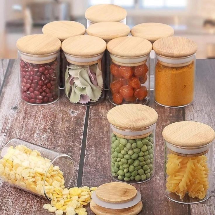 6 Pcs Bamboo Glass Jar Set