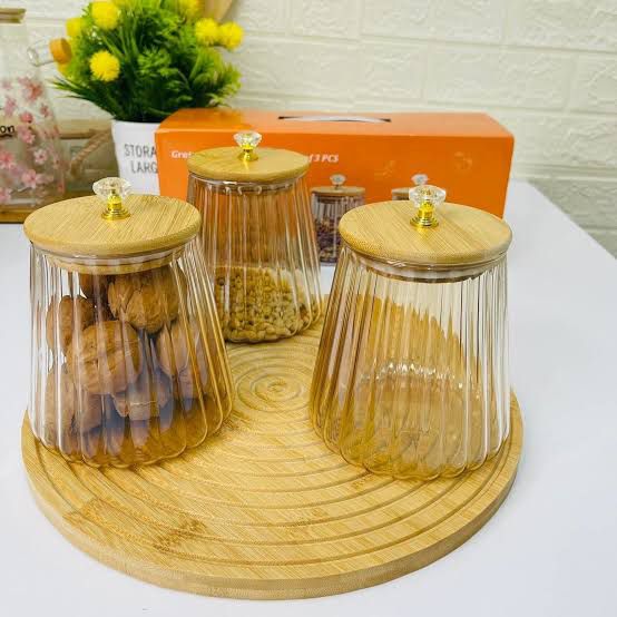 3 Pcs Glass Storage Jars Set with Bamboo Lids