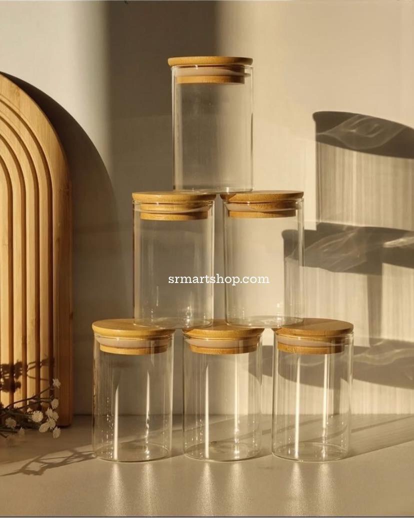 300  ML 6 Pcs Bamboo Glass Jar Set