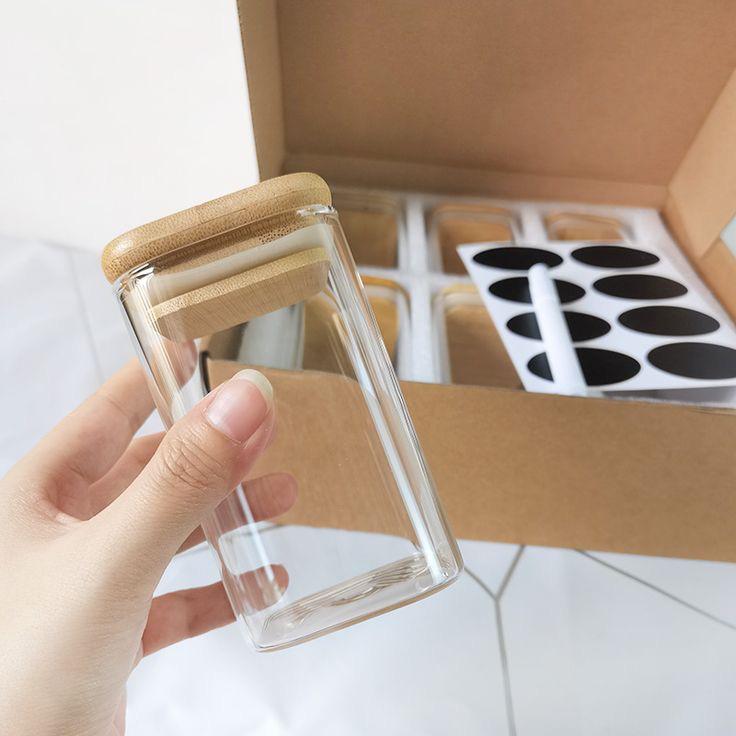 300 ML 6 Pcs Square Bamboo Glass Jar Set